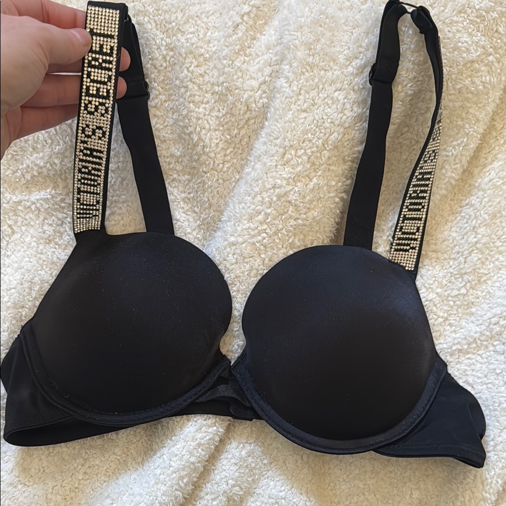 Victoria's Secret Black Bra with Molded Cups and Metallic Straps